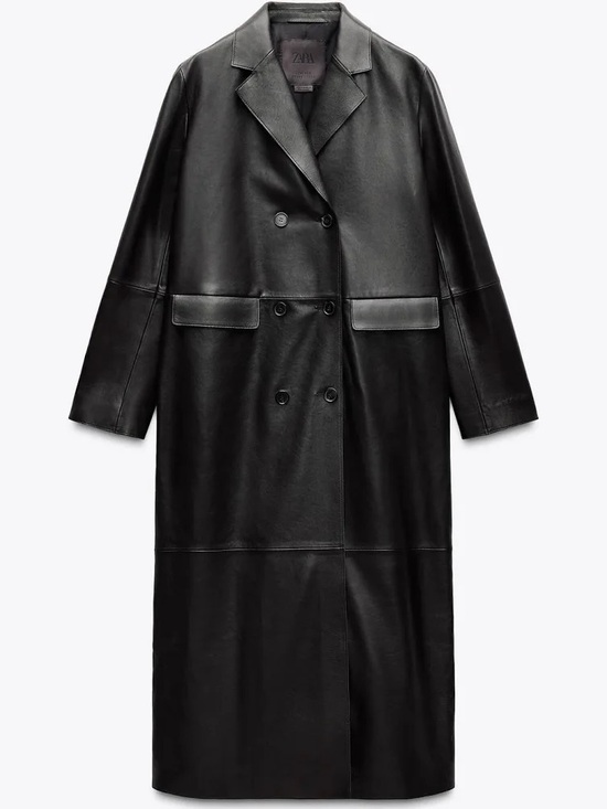 Zara Jackets & Blazers - Zara Black Double-Breasted Long Leather Trench Coat